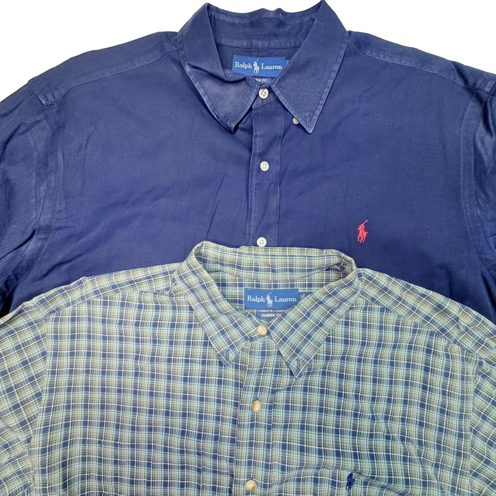 Polo Ralph Lauren Lot 2 Men's XXL Classic Fit Button Down Shirts Plaid Blue